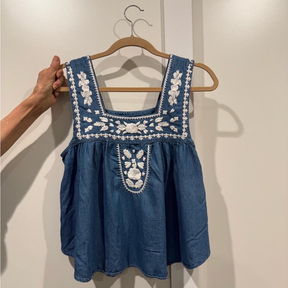 Lovers + Friends, denim embroided peasant top